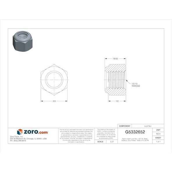 Nylon Insert Lock Nut, 1/2"-13, Steel, Grade 2, Zinc Plated, 19/32 in Ht, 25 PK