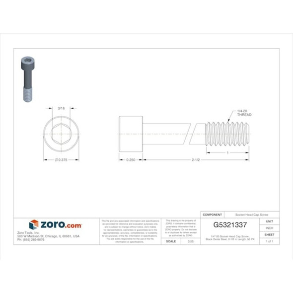 1-4"-20 Socket Head Cap Screw, Socket, Black Oxide Steel, 2-1-2 in Length, 50 PK  U07000.025.0250