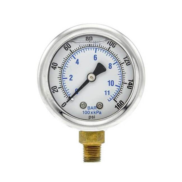 Industrial Pressure Gauge, 0 to 160 psi, 2 in Dial, 1/8 in NPT, Bottom Location