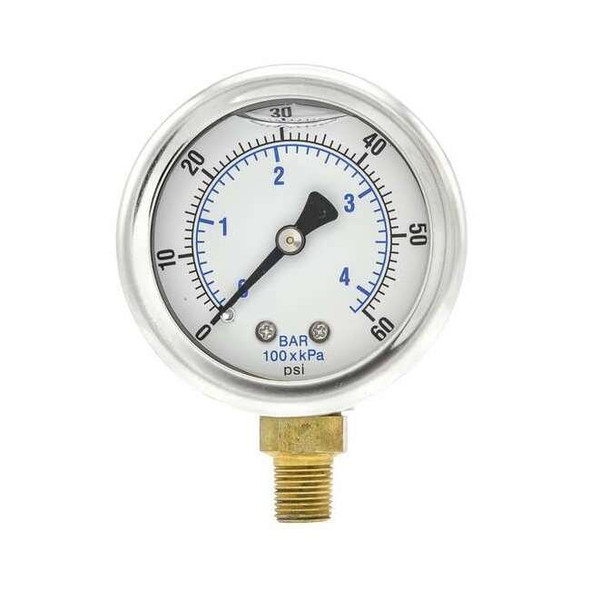 Industrial Pressure Gauge, 0 to 60 psi, 2 in Dial, 1/8 in NPT, Bottom Location