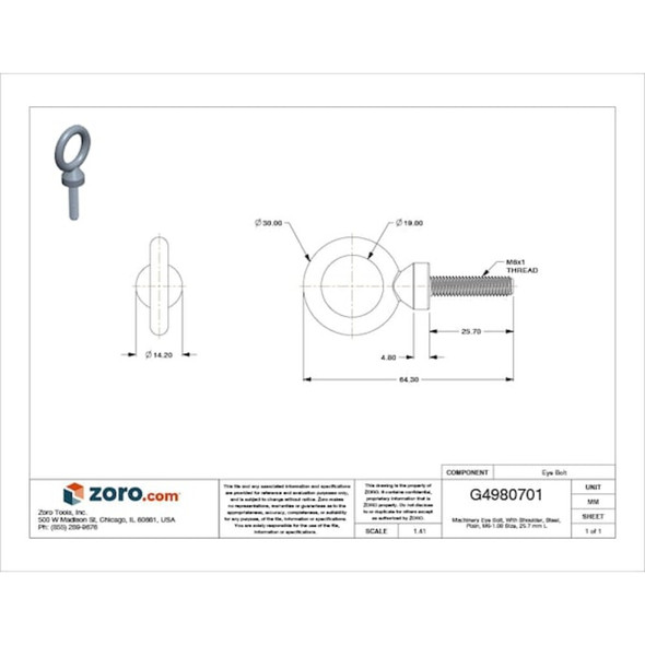 Eye Bolt With Shoulder, M6-1.00, 25.7 mm Shank, 19 mm ID, Steel, Plain  M16001.060.0001