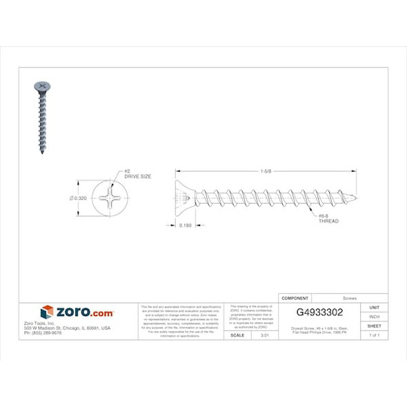 Senco Drywall Screw, #6 x 1-5/8 in, Steel, Flat Head Phillips Drive, 1000 PK 06A162P