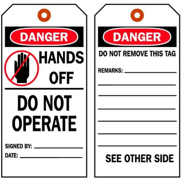 Danger, Hands Off Do Not Operate, 3 in W x 5 3-4 in H, Polyester, 86522,PK10