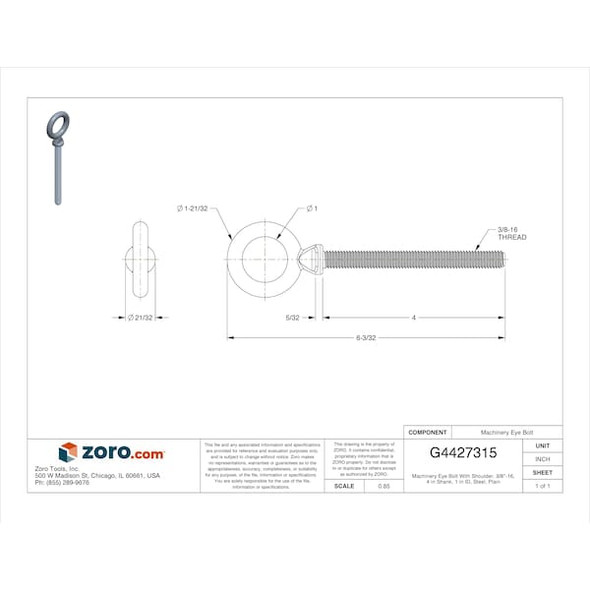 Ken Forging Eye Bolt With Shoulder, 3/8"-16, 4 in Shank, 1 in ID, Steel, Plain K2023-4