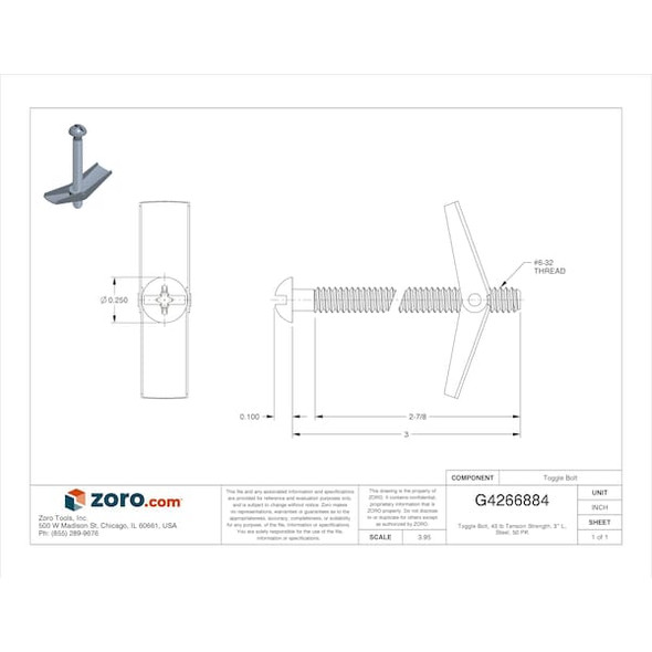 Manufacturer Varies Toggle Bolt, 43 lb Tension Strength, 3"L, Steel, 50 PK U63265.013.0300