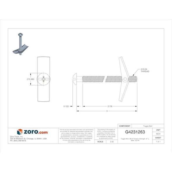 Toggle Bolt, 80 lb Tension Strength, 3"L, Steel, 50 PK  U63265.019.0300