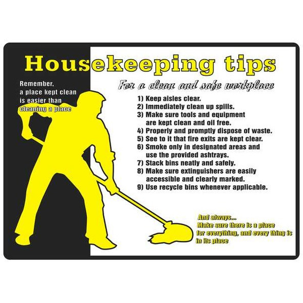 Accuform Safety Poster, Housekeeping Tips, 17 in H x, 22 in W, Plastic SP124482L