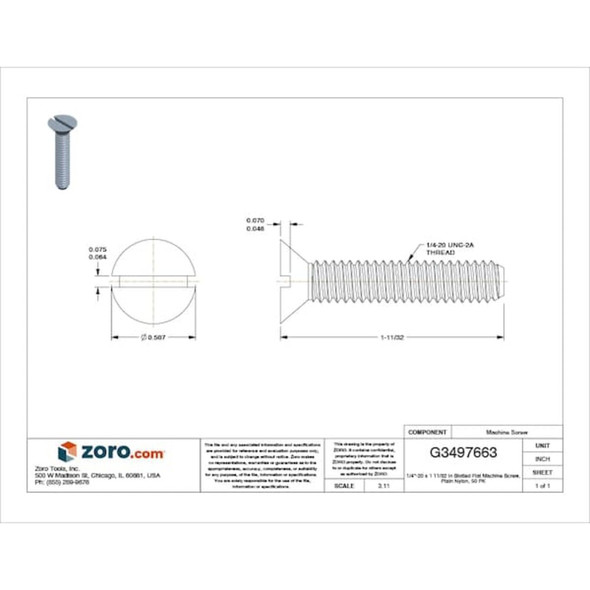 1-4"-20 x 1-11-32 in Slotted Flat Machine Screw, Plain Nylon 6-6, 50 PK  022520A150