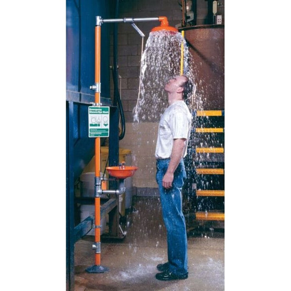 Shower with Eyewash, Floor Mount, Plastic Bowl, Galvanized Steel Pipe, Orange  G1902P