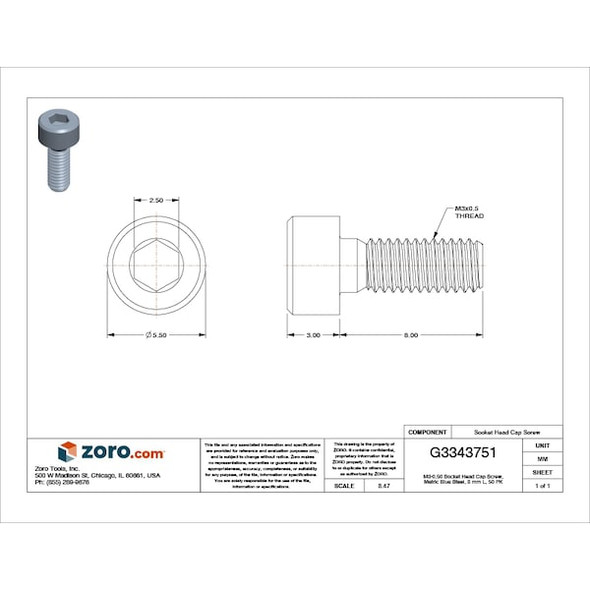 M3-0.50 Socket Head Cap Screw, Socket, Blue Phosphate Alloy Steel, 8 mm Length, 50 PK