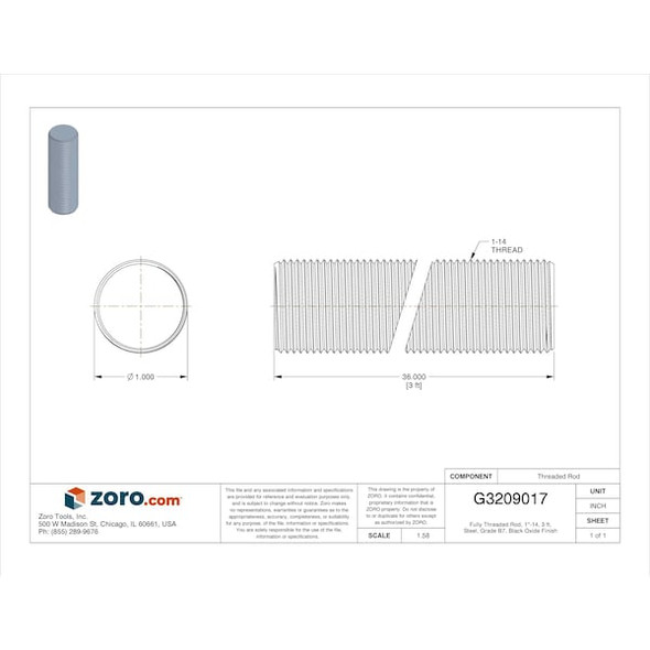 Fully Threaded Rod, 1"-14, 3 ft, Steel, Grade B7, Black Oxide Finish