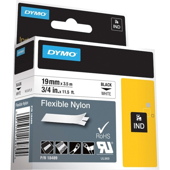 Dymo Industrial Flexible Nylon Labels, Rhyno, Black Text on White, 3/4 in (19 mm) 18489