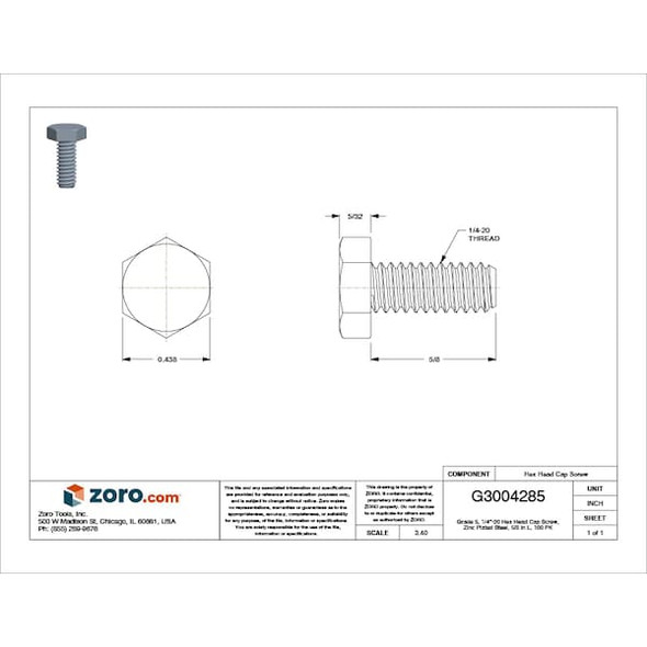 Grade 5, 1/4"-20 Hex Head Cap Screw, Zinc Plated Steel, 5/8 in L, 100 PK