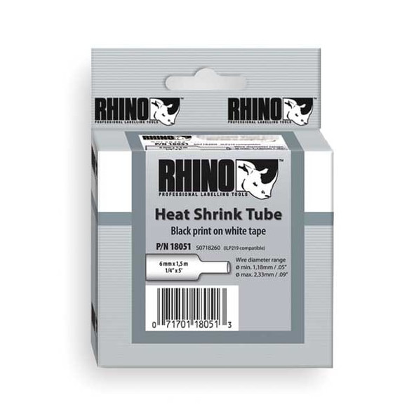 Dymo RHINO (R) Heat Shrink Tube Label 1/4" x 60"H, Black on White 18051