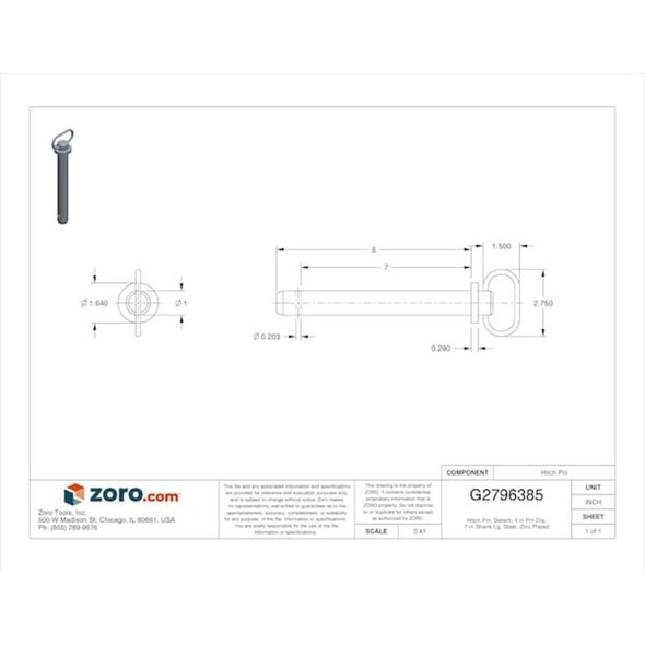 Detent Hitch Pin, 3 in Dia, 9 in Usable L, Steel, 1 PK  U39665.100.0700