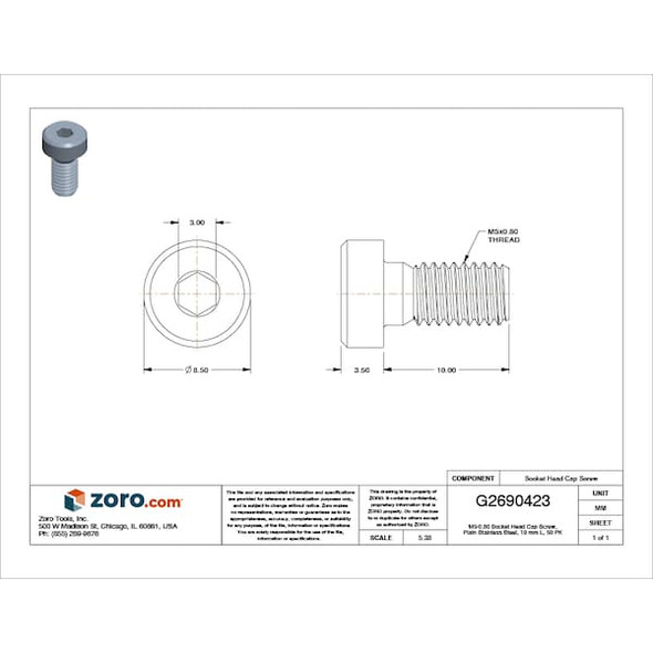 M5-0.80 Socket Head Cap Screw, Socket, Plain 18-8 Stainless Steel, 10 mm Length, 50 PK