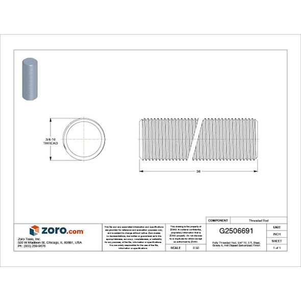 Fully Threaded Rod, 3/4"-10, 3 ft, Steel, Grade A, Hot Dipped Galvanized Finish