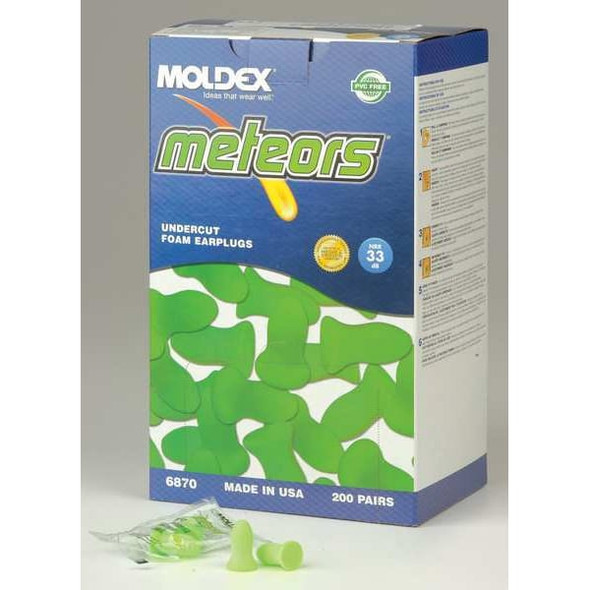 Moldex Meteors(R) Disposable Foam Ear Plugs, Bell Shape, 33 dB, Green, 200 PK 6870