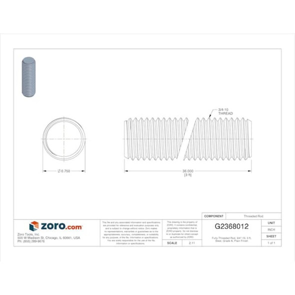 Fully Threaded Rod, 3-4"-10, 3 ft, Steel, Grade A, Plain Finish  U20200.075.3600