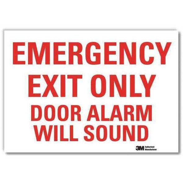 Exit Sign, Vinyl, 14" W, 10" H, Emergency Exit Only Door Alarm Will Sound, White