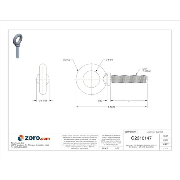 Ken Forging Eye Bolt With Shoulder, 5/8"-11, 3 in Shank, 1-3/8 in ID, Steel, Plain K2027-3