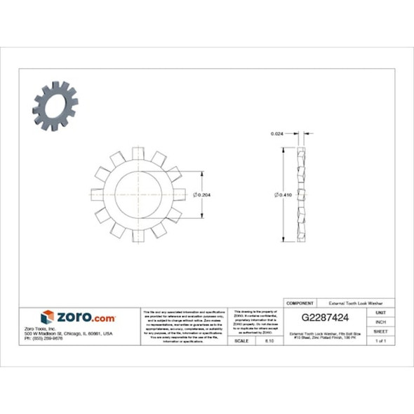 External Tooth Lock Washer, For Screw Size #10 Steel, Zinc Plated Finish, 100 PK  U37420.019.0001
