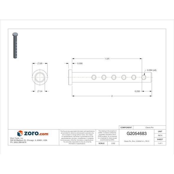 Huyett Clevis Pin, Zinc, 0.250x2 In L, PK10 WWG-CLPUZ-006