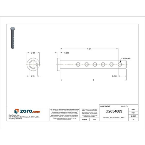 Huyett Clevis Pin, Zinc, 0.250x2 In L, PK10 WWG-CLPUZ-006