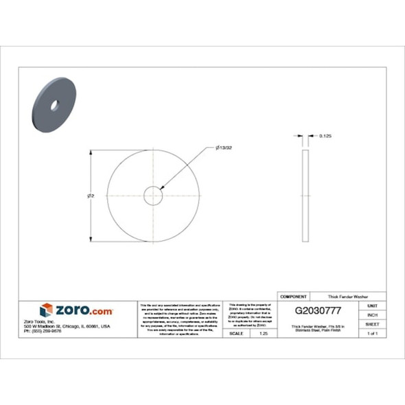 Thick Fender Washer, For Screw Size 3-8" ,Stainless Steel Plain Finish  Z9684SS