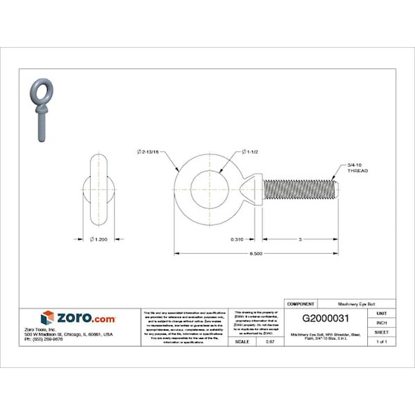 Ken Forging Eye Bolt With Shoulder, 3/4"-10, 3 in Shank, 1-1/2 in ID, Steel, Plain K2028-3