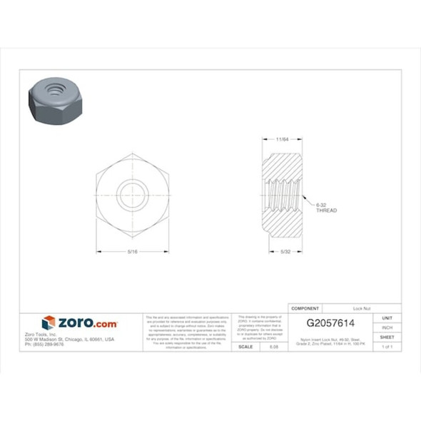 Nylon Insert Lock Nut, #6-32, Steel, Grade 2, Zinc Plated, 11-64 in Ht, 100 PK  U12300.013.0001