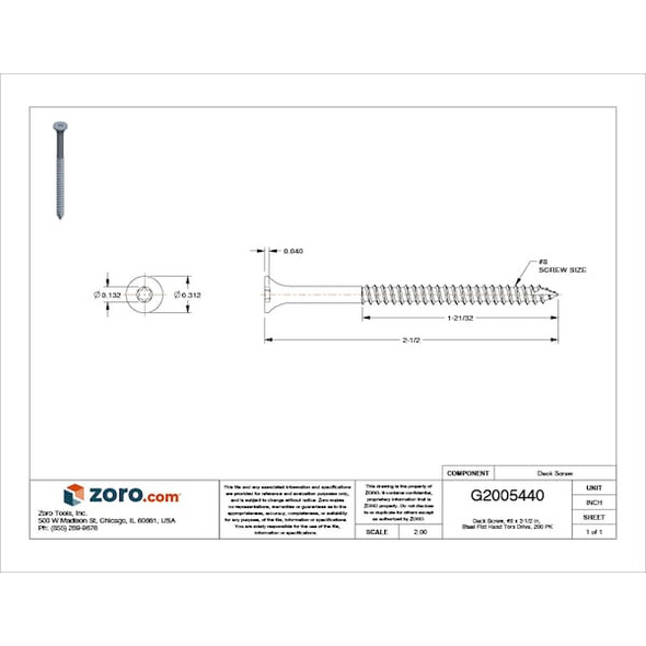 Manufacturer Varies Deck Screw, #8 x 2-1/2 in, Steel, Flat Head, Torx Drive, 200 PK U30251.016.0250