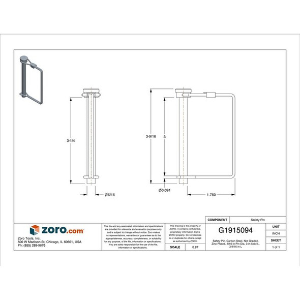 Safety Pin, Carbon Steel, Not Graded, Zinc Plated, 5/16 in Pin Dia, 3 in Usbl L, 3 9/16 in L