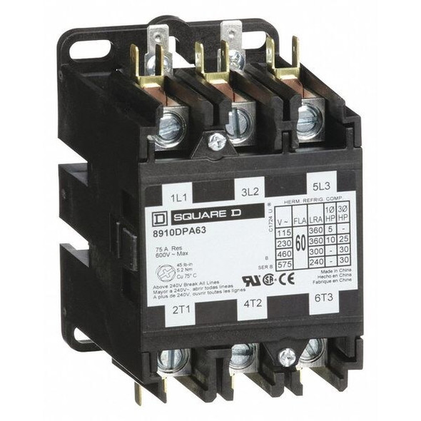 Square D DefPurpContactor,220/208-240VAC,3P,75A 8910DPA63V09 Square D DefPurpContactor,220/208-240VAC,3P,75A 8910DPA63V09