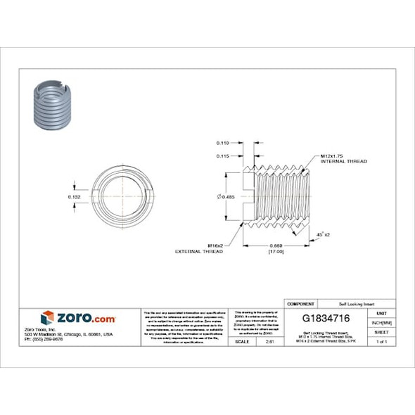 E-Z Lok Heavy Wall Self Locking Thread Insert, M12-1.75 Int Thrd Sz, Carbon Steel, 5 PK 450-12-PK5