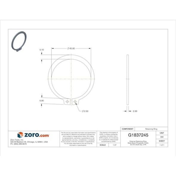 External Retaining Ring, Steel, Black Phosphate Finish, 5 PK  DSH-50ST PA