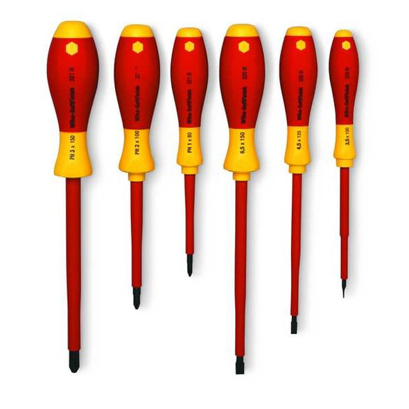 Wiha Insulated Screwdriver Set, Slotted/Phillips Tip, Alloy Steel with Cushion Grip, 6-Piece 32092