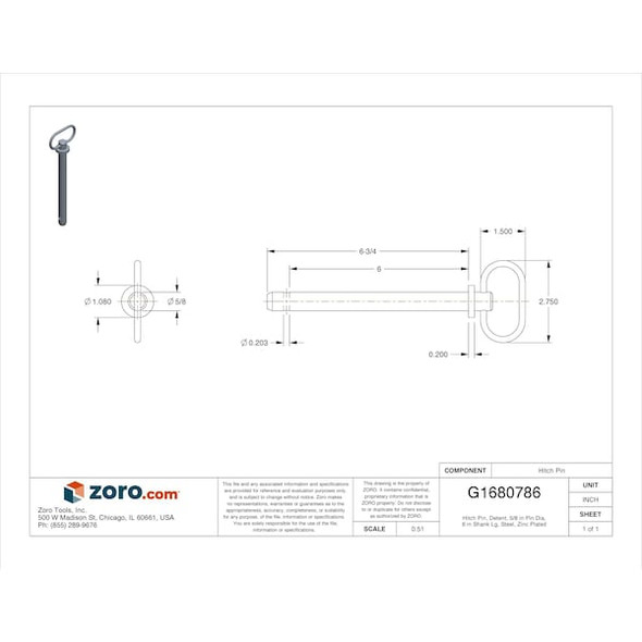 Hitch Pin, Detent, 5/8 in Pin Dia, 6 in Shank Lg, Steel, Zinc Plated