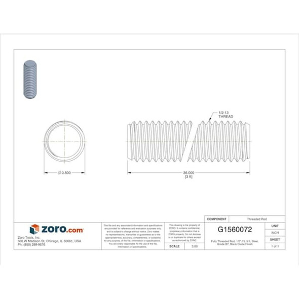 Fully Threaded Rod, 1-2"-13, 3 ft, Steel, Grade B7, Black Oxide Finish  U22180.050.3600