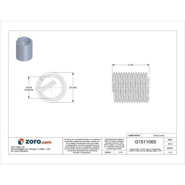 Tanged Helical Insert, Free-Running, 1-2"-20 Thrd Sz, 18-8 Stainless Steel, 6 PK  R1191-8