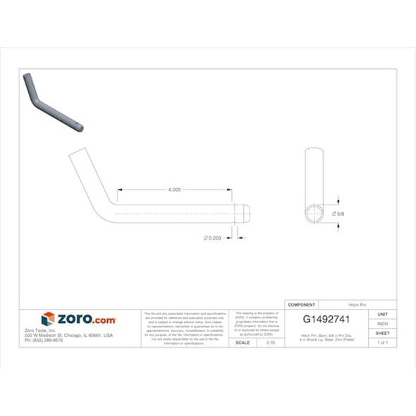 Bent Hitch Pin, 5-8 in Dia, 4 in Usable L, Steel, 1 PK  U39667.062.0400