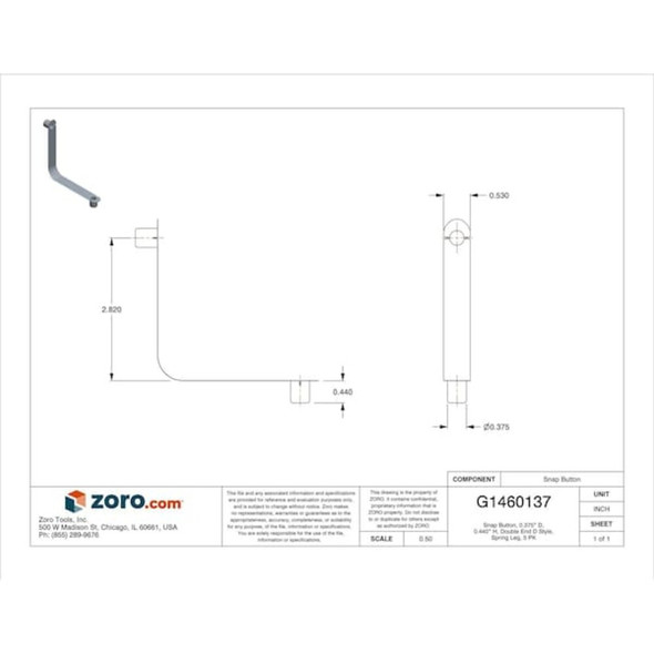 Snap Button, 0.375" D, 0.440" H, Double End D Style, Spring Leg, 5 PK  D182