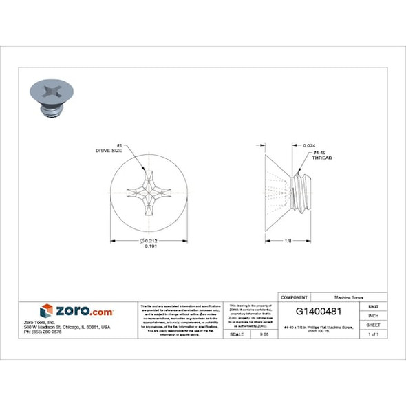 #4-40 x 1/8 in Phillips Flat Machine Screw, Plain 18-8 Stainless Steel, 100 PK