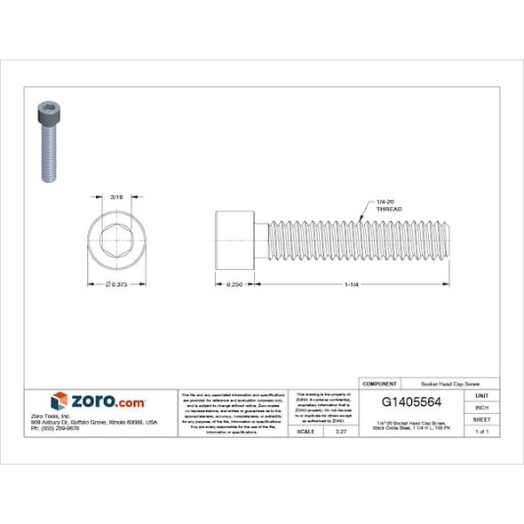 1/4"-20 Socket Head Cap Screw, Socket, Black Oxide Alloy Steel, 1-1/4 in Length, 100 PK