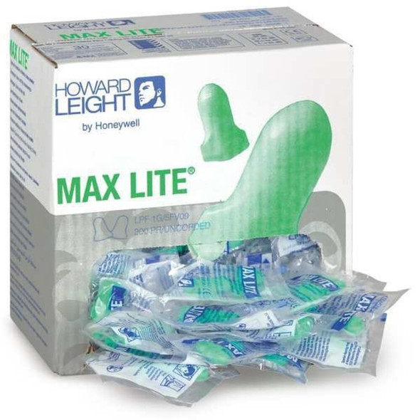 MAXIMUM LITE Disposable Foam Ear Plugs, Contoured-T Shape, 30 dB, Green, 200 PK  LPF-1