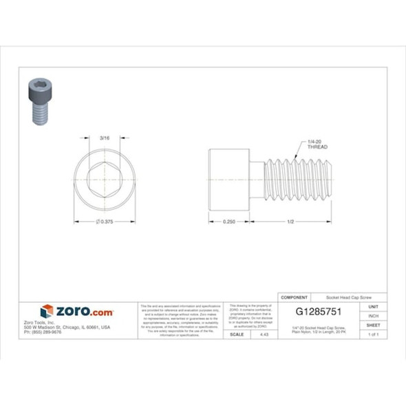1-4"-20 Socket Head Cap Screw, Socket, Plain Nylon, 1-2 in Length, 20 PK  3425200050
