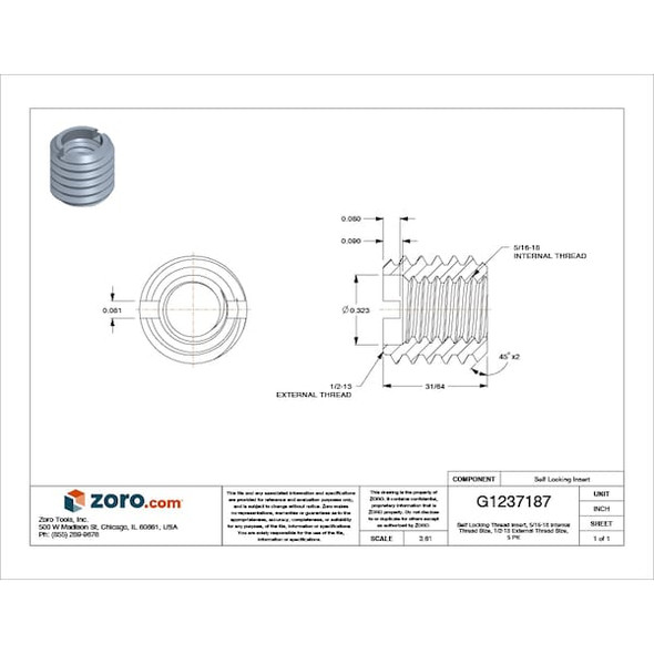 E-Z Lok Thread Insert,5/16-18x31/64 L,Pk5 303-5-PK5