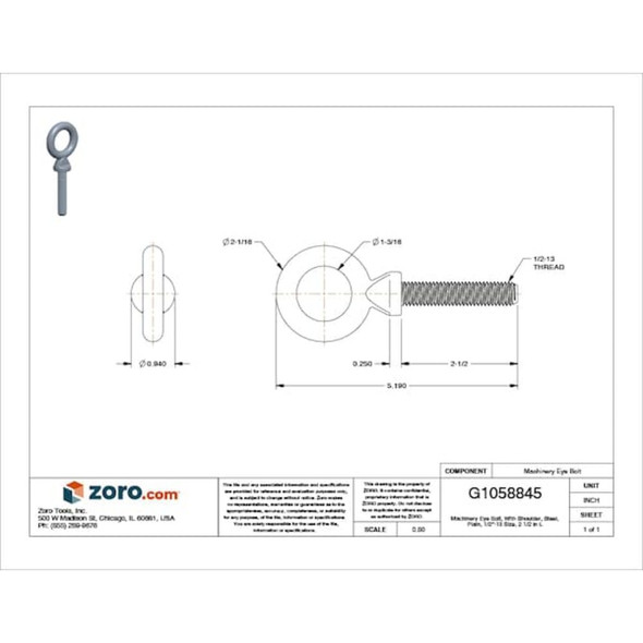 Eye Bolt With Shoulder, 1-2"-13, 2-1-2 in Shank, 1-3-16 in ID, Steel, Plain  K2025-B
