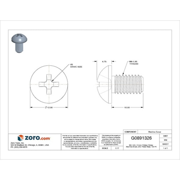 M6-1.00 x 10 mm Phillips Fillister Machine Screw, Zinc Plated Steel, 100 PK  M24660.060.0010