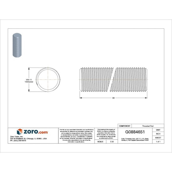Fully Threaded Rod, 5-8"-11, 3 ft, Steel, Grade A, Hot Dipped Galvanized Finish  U20170.062.3600